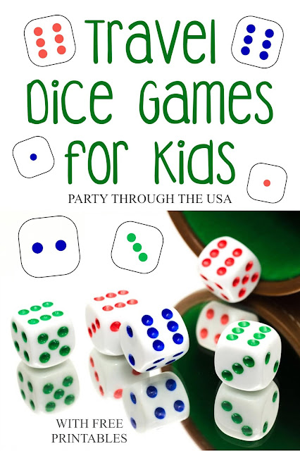 Travel Dice Game for Kids // Party Through the USA // Dice games are great for travel and camping because they're compact, washable, and can't blow away.  These games will fit in an Altoid tin and need only dice and a few other common things.  Free printable game rules and tin labels for all the games.  Rules are specifically written to be simpler and easier for children to play.