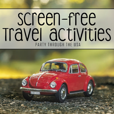 Picture of a toy VW Bug car with text overlay that says "Screen-Free Travel Activities"