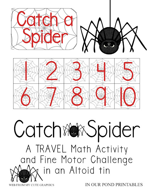 Fine motor game with a math component of counting and ordering numbers. Catch the spiders with tweezers and move them around. Fits in an Altoid tin!