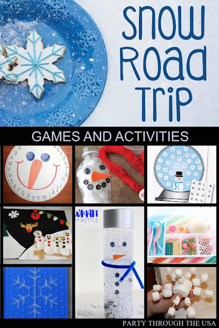 Snow Themed Road Trip // Party Through the USA // winter // snowman // party foods // road trips with kids // car trip activities for kids // travel food // winter drinks // winter party food